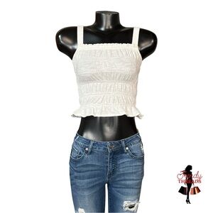 Universal Thread XS Smocked Peplum Crop Tank Top Boho Summer White Ruffle Flirty